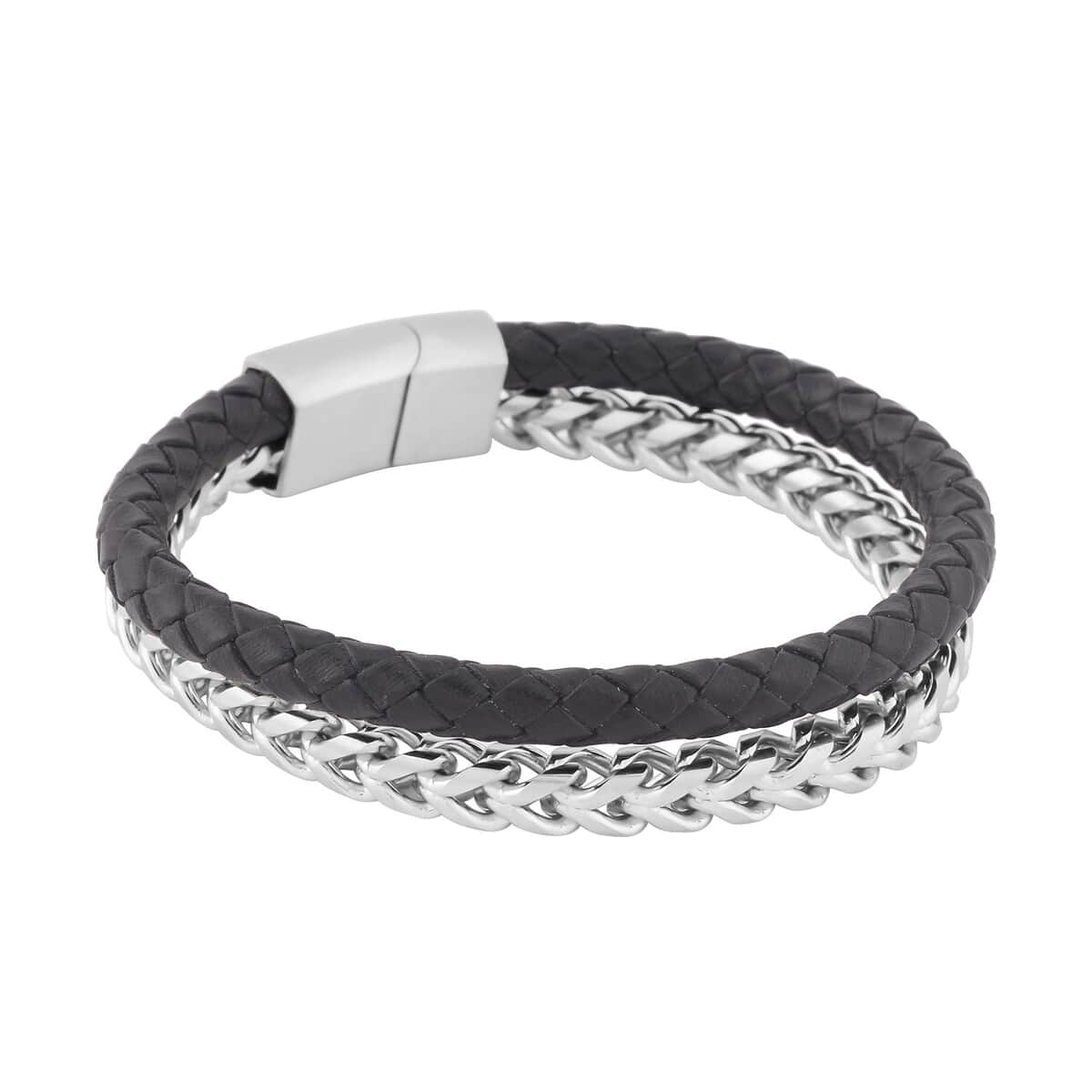 Black Faux Leather Cord Wristband Men's Bracelet in Stainless Steel (8.50 In) , Tarnish-Free, Waterproof, Sweat Proof Jewelry image number 2