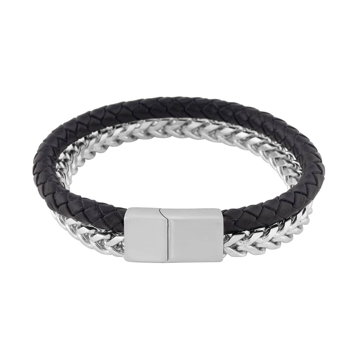 Black Faux Leather Cord Wristband Men's Bracelet in Stainless Steel (8.50 In) , Tarnish-Free, Waterproof, Sweat Proof Jewelry image number 3
