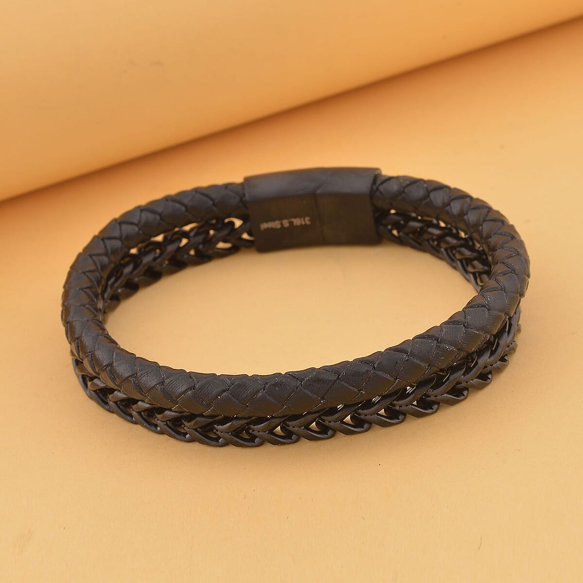 Black Faux Leather Cord Wristband Men's Bracelet in ION Plated Black Stainless Steel (8.50 In) , Tarnish-Free, Waterproof, Sweat Proof Jewelry image number 1