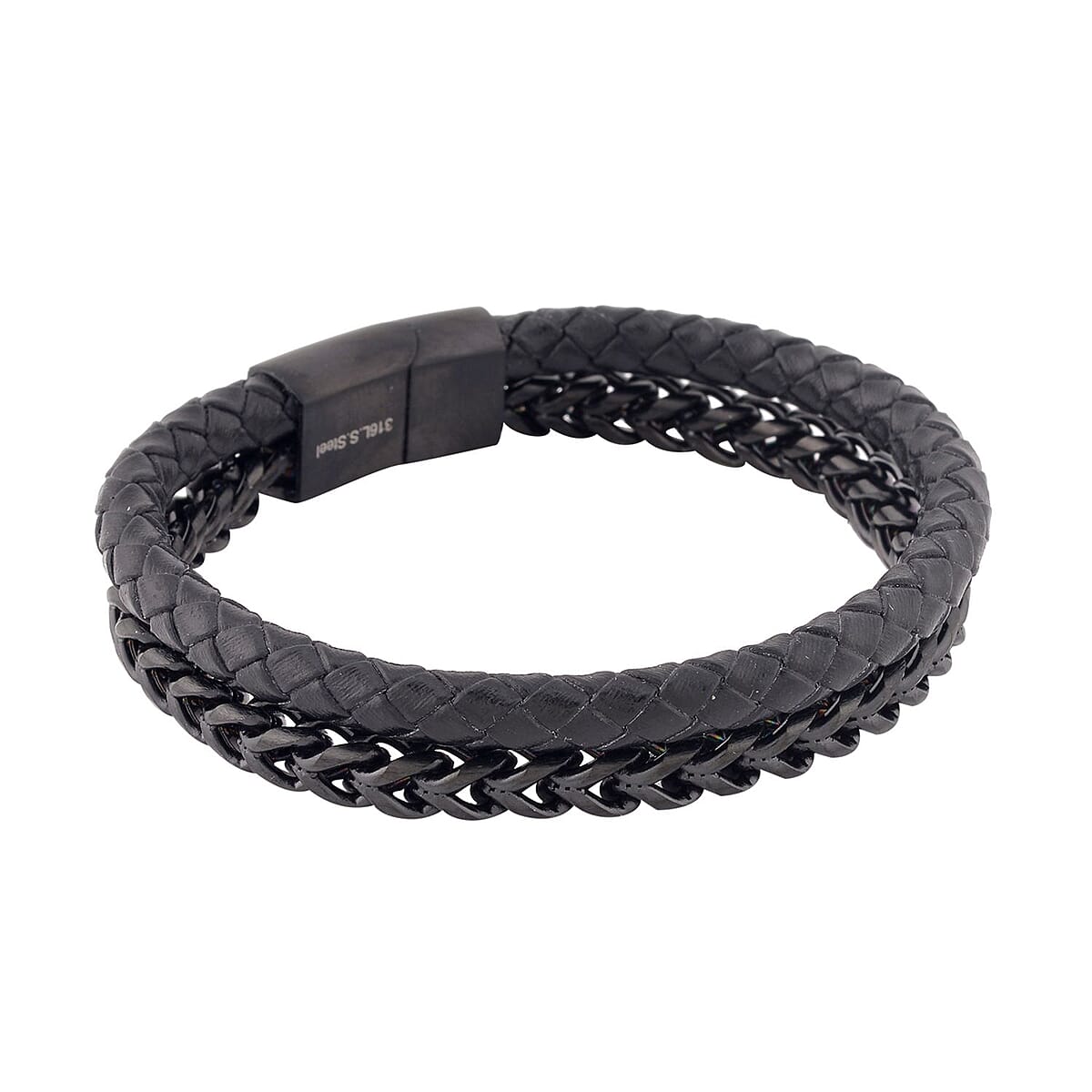 Black Faux Leather Cord Wristband Men's Bracelet in ION Plated Black Stainless Steel (8.50 In) , Tarnish-Free, Waterproof, Sweat Proof Jewelry image number 2