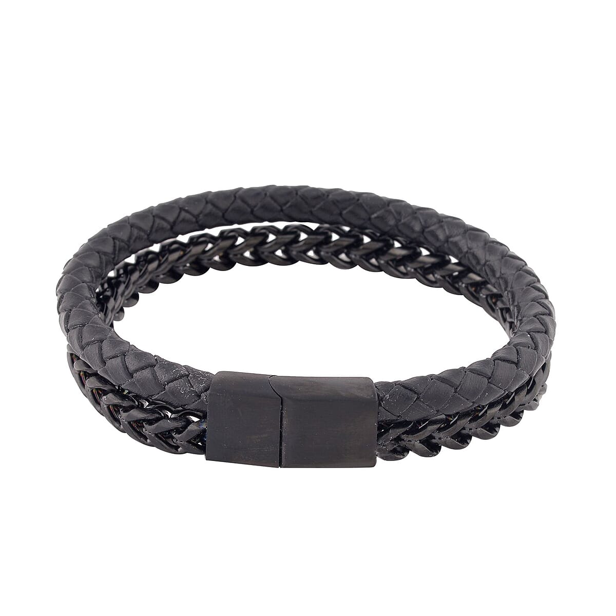 Black Faux Leather Cord Wristband Men's Bracelet in ION Plated Black Stainless Steel (8.50 In) , Tarnish-Free, Waterproof, Sweat Proof Jewelry image number 3