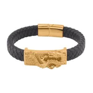 Faux Leather Cord Dragon Men's Bracelet in ION Plated YG Stainless Steel (8.50 In) | Tarnish-Free, Waterproof, Sweat Proof Jewelry