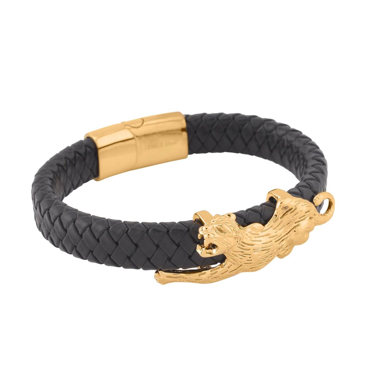 Faux Leather Cord Leopard Men's Bracelet in ION Plated YG Stainless Steel (8.50 In) , Tarnish-Free, Waterproof, Sweat Proof Jewelry image number 2