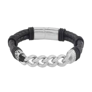 Faux Leather Cord Link Chain Men's Bracelet in Stainless Steel (8.50 In) , Tarnish-Free, Waterproof, Sweat Proof Jewelry