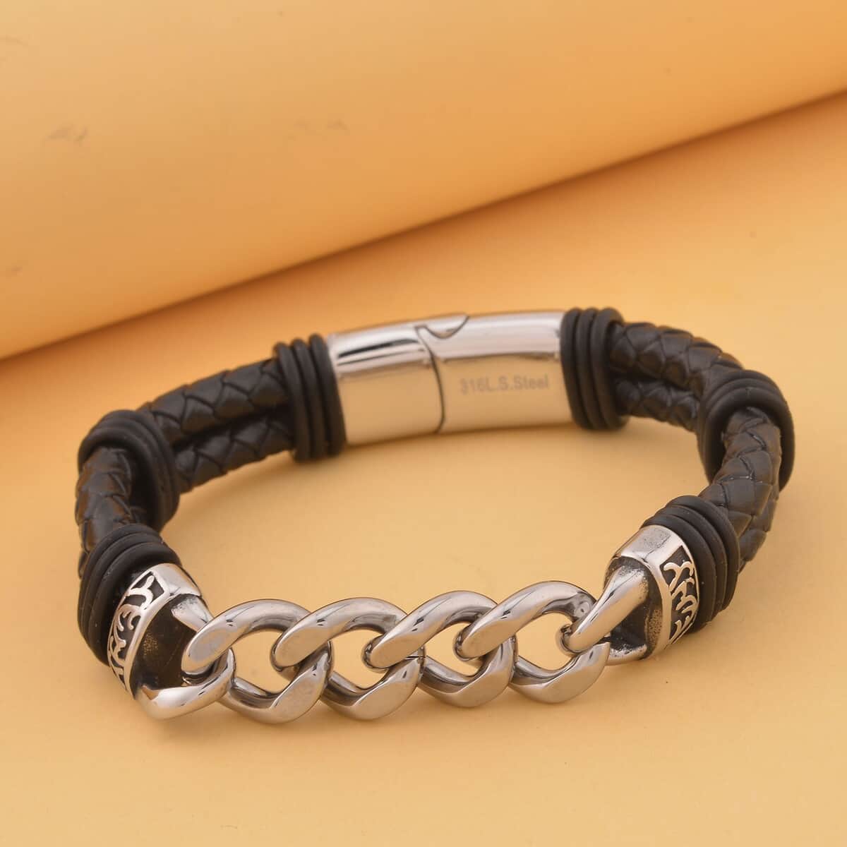 Faux Leather Cord Link Chain Men's Bracelet in Stainless Steel (8.50 In) , Tarnish-Free, Waterproof, Sweat Proof Jewelry image number 1