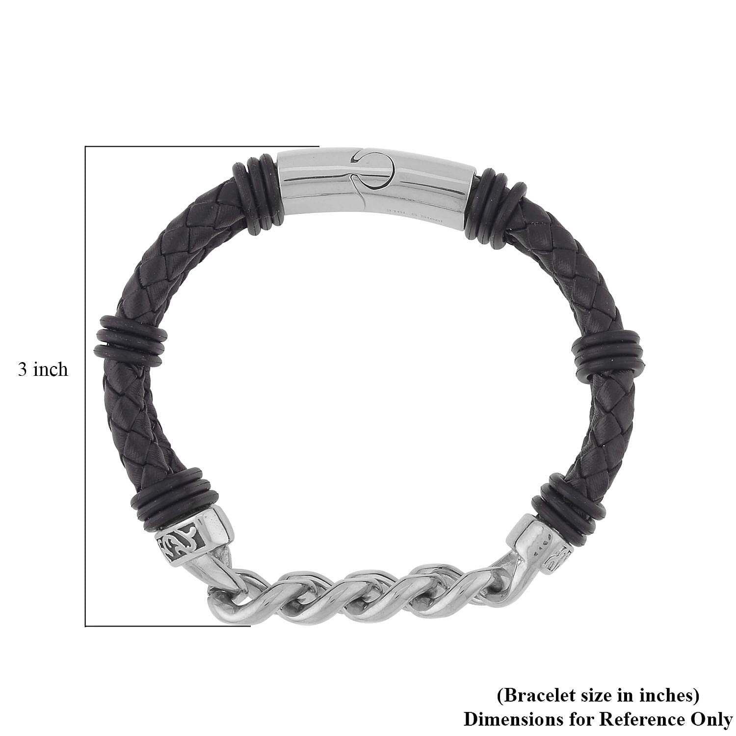 Faux Leather Cord Link Chain Men's Bracelet in Stainless Steel (8.50 In) , Tarnish-Free, Waterproof, Sweat Proof Jewelry