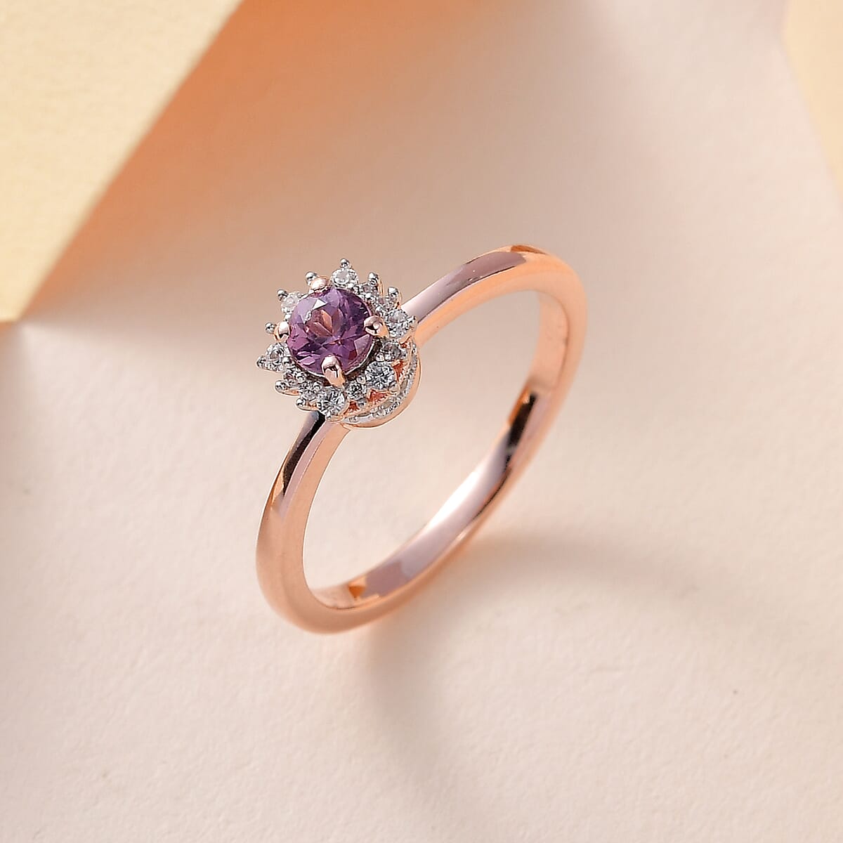 Narsipatnam Purple Spinel and White Zircon Sunburst Ring in Vermeil Rose Gold Over Sterling Silver (Size 7.0) 0.75 ctw image number 1