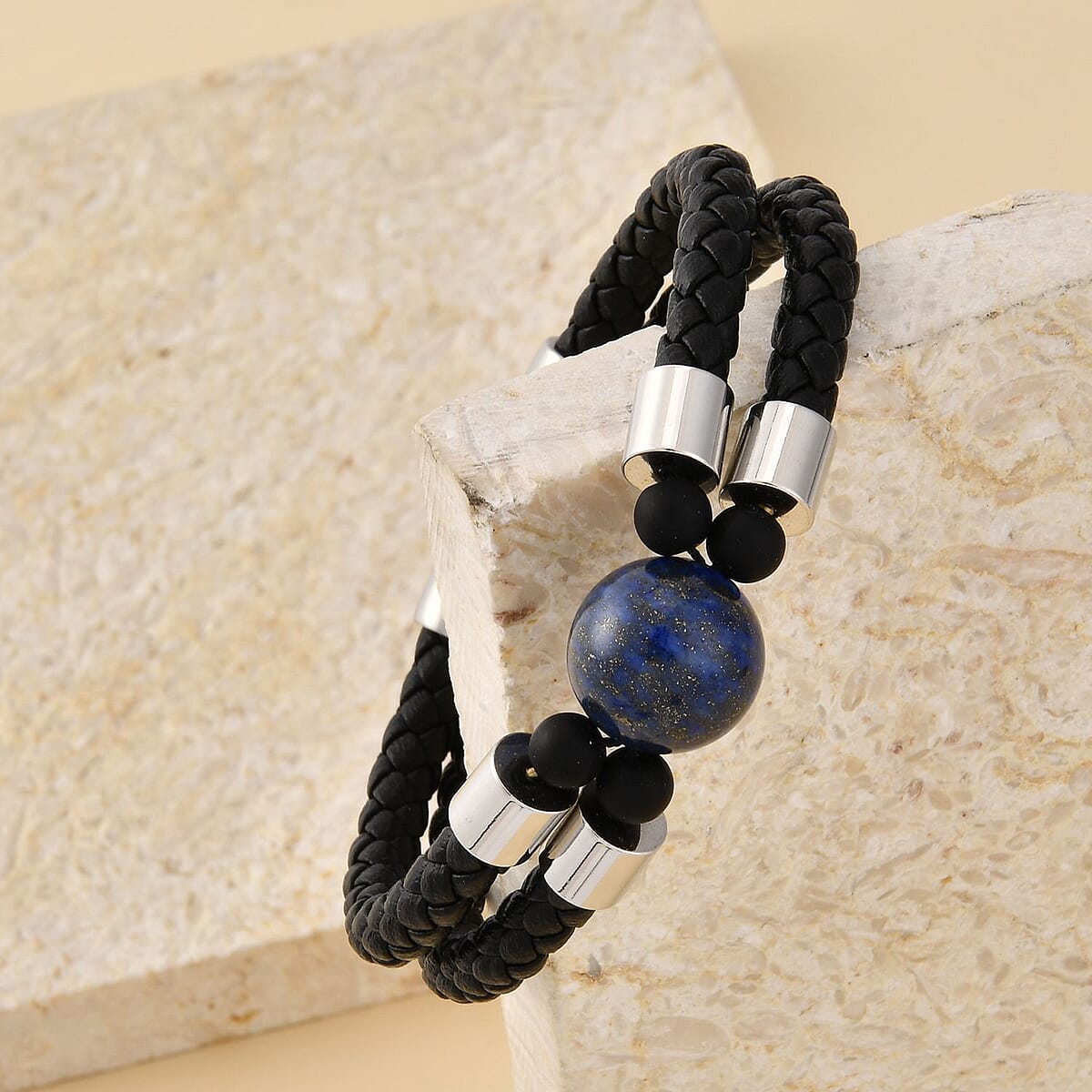 Lapis Lazuli, Leather Braided Men's Bracelet in Stainless Steel (8.00 In) 35.00 ctw , Tarnish-Free, Waterproof, Sweat Proof Jewelry image number 1