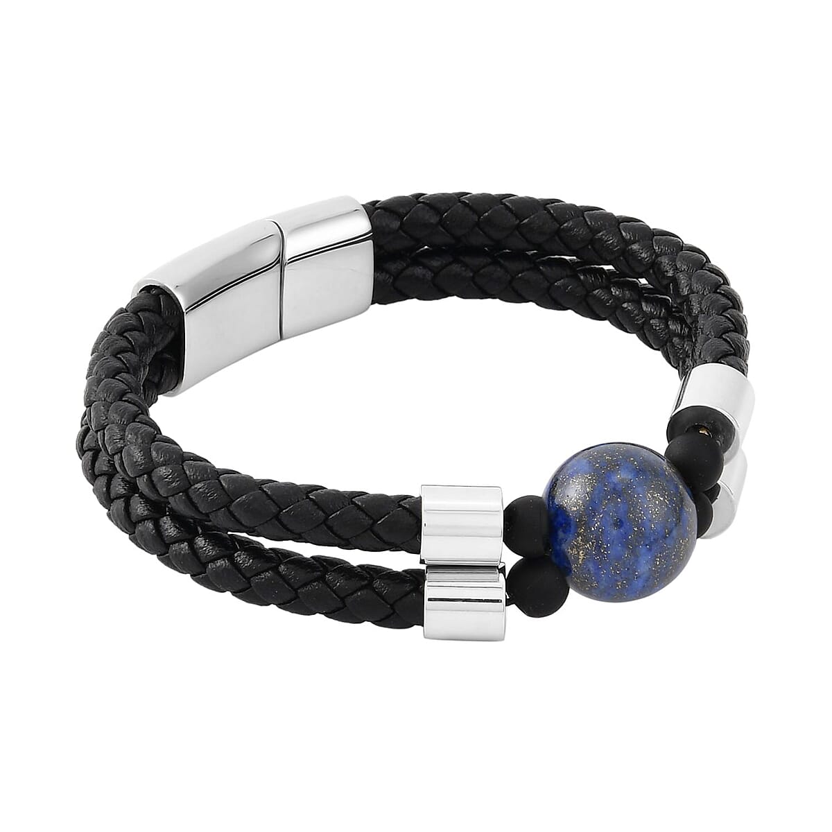 Lapis Lazuli, Leather Braided Men's Bracelet in Stainless Steel (8.00 In) 35.00 ctw , Tarnish-Free, Waterproof, Sweat Proof Jewelry image number 2