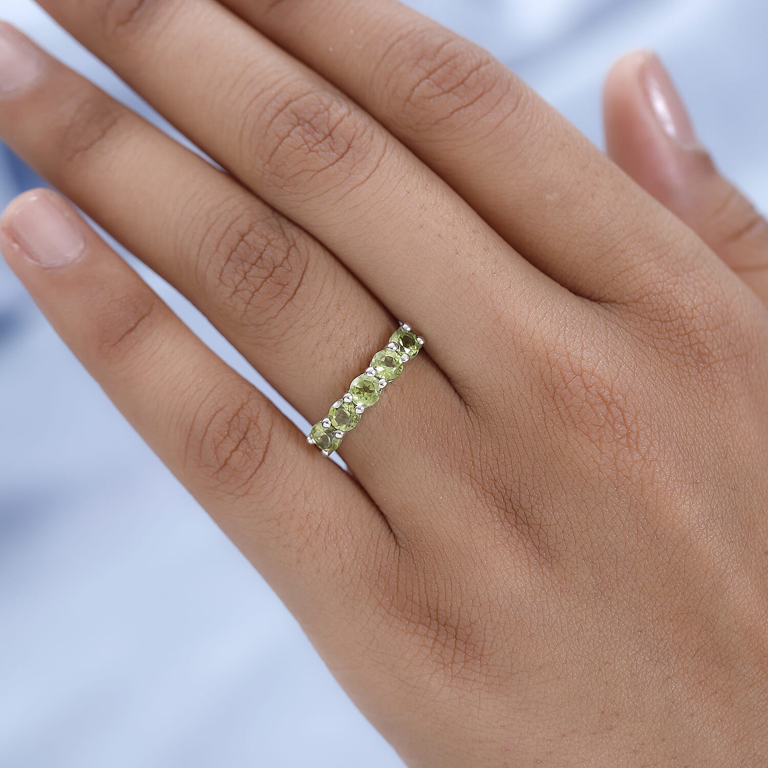 Arizona Peridot 5 Stone Band Ring in Platinum Over Sterling Silver (Size 5.0) 1.50 ctw