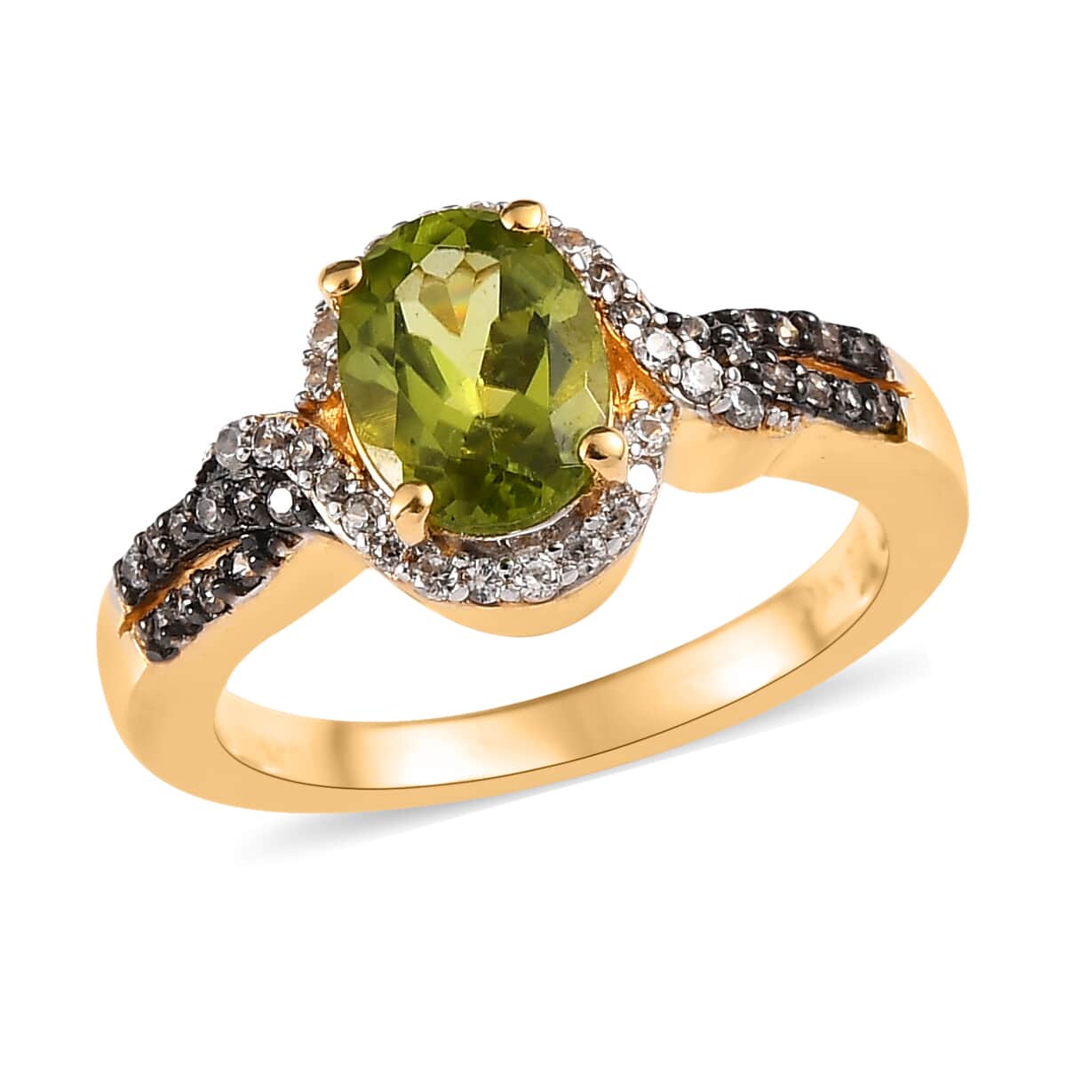 American Natural Arizona Peridot, Natural Champagne and White Zircon Split Shank Ring in Vermeil Yellow Gold Over Sterling Silver 1.85 ctw image number 0