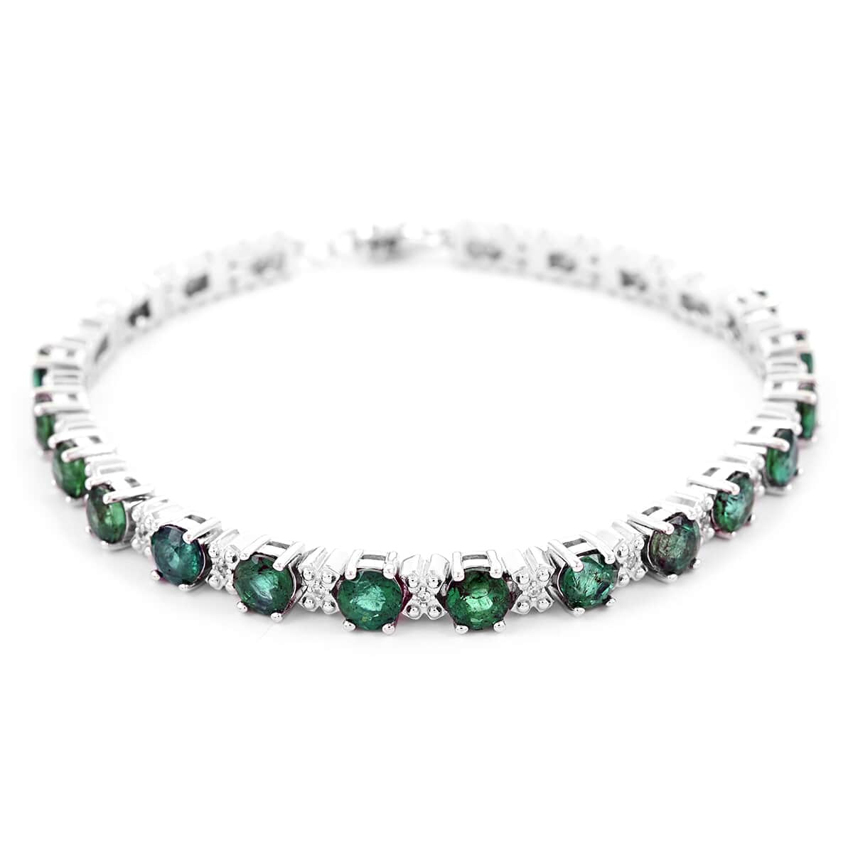 AAA Kagem Zambian Intense Green Emerald and Natural White Zircon Tennis Bracelet in Rhodium Over Sterling Silver (6.25 In) 14.10 Grams 5.50 ctw image number 0