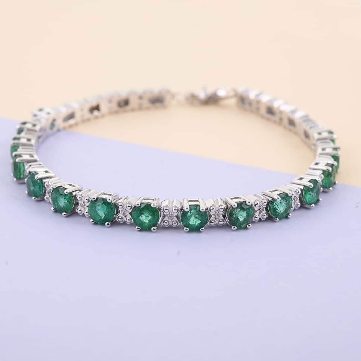 AAA Kagem Zambian Intense Green Emerald and Natural White Zircon Tennis Bracelet in Rhodium Over Sterling Silver (6.25 In) 14.10 Grams 5.50 ctw image number 1