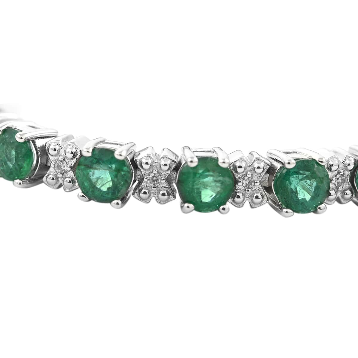 AAA Kagem Zambian Intense Green Emerald and Natural White Zircon Tennis Bracelet in Rhodium Over Sterling Silver (6.25 In) 14.10 Grams 5.50 ctw image number 3