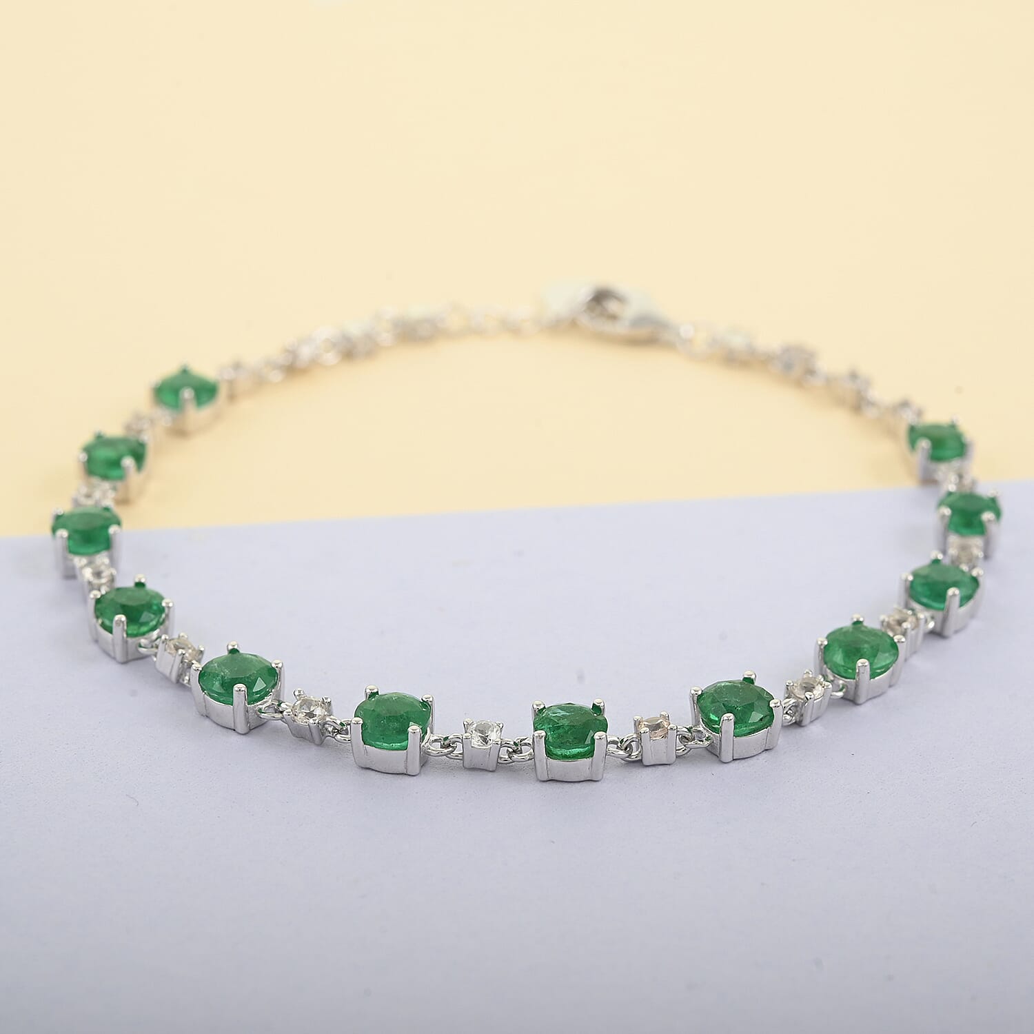 AAA Kagem Emerald and Natural White Zircon Bracelet in Rhodium Over Sterling Silver (6.50 In) 5.20 ctw