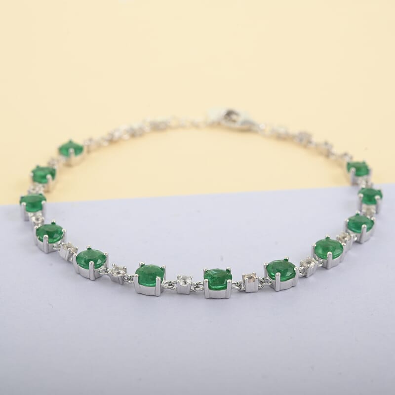 AAA Kagem Emerald and Natural White Zircon Bracelet in Rhodium Over Sterling Silver (6.50 In) 5.20 ctw