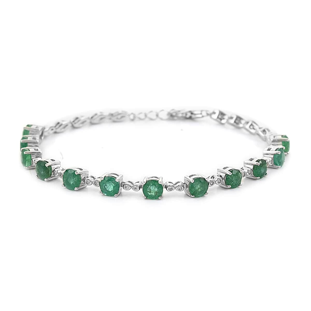 AAA Kagem Emerald and Natural White Zircon Tennis Bracelet in Rhodium Over Sterling Silver (6.50 In) 4.35 ctw image number 0