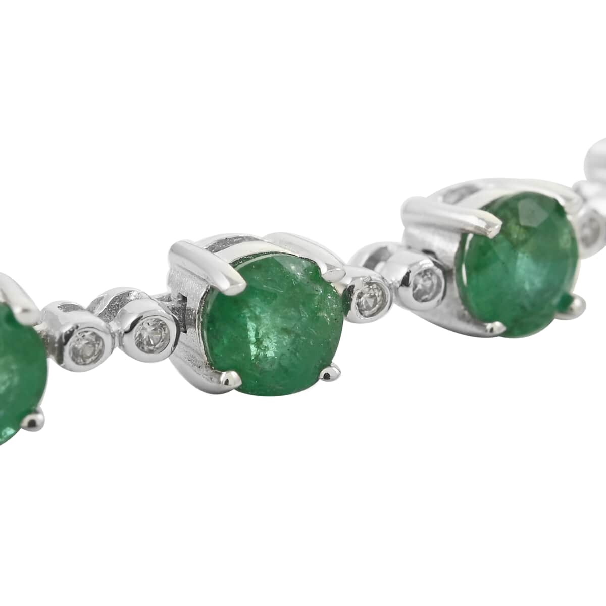 AAA Kagem Emerald and Natural White Zircon Tennis Bracelet in Rhodium Over Sterling Silver (6.50 In) 4.35 ctw image number 2