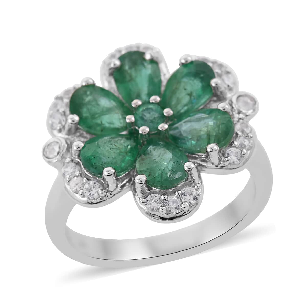 AAA Kagem Emerald and White Zircon Flower Ring in Rhodium Over Sterling Silver (Size 7.0) 2.60 ctw image number 0