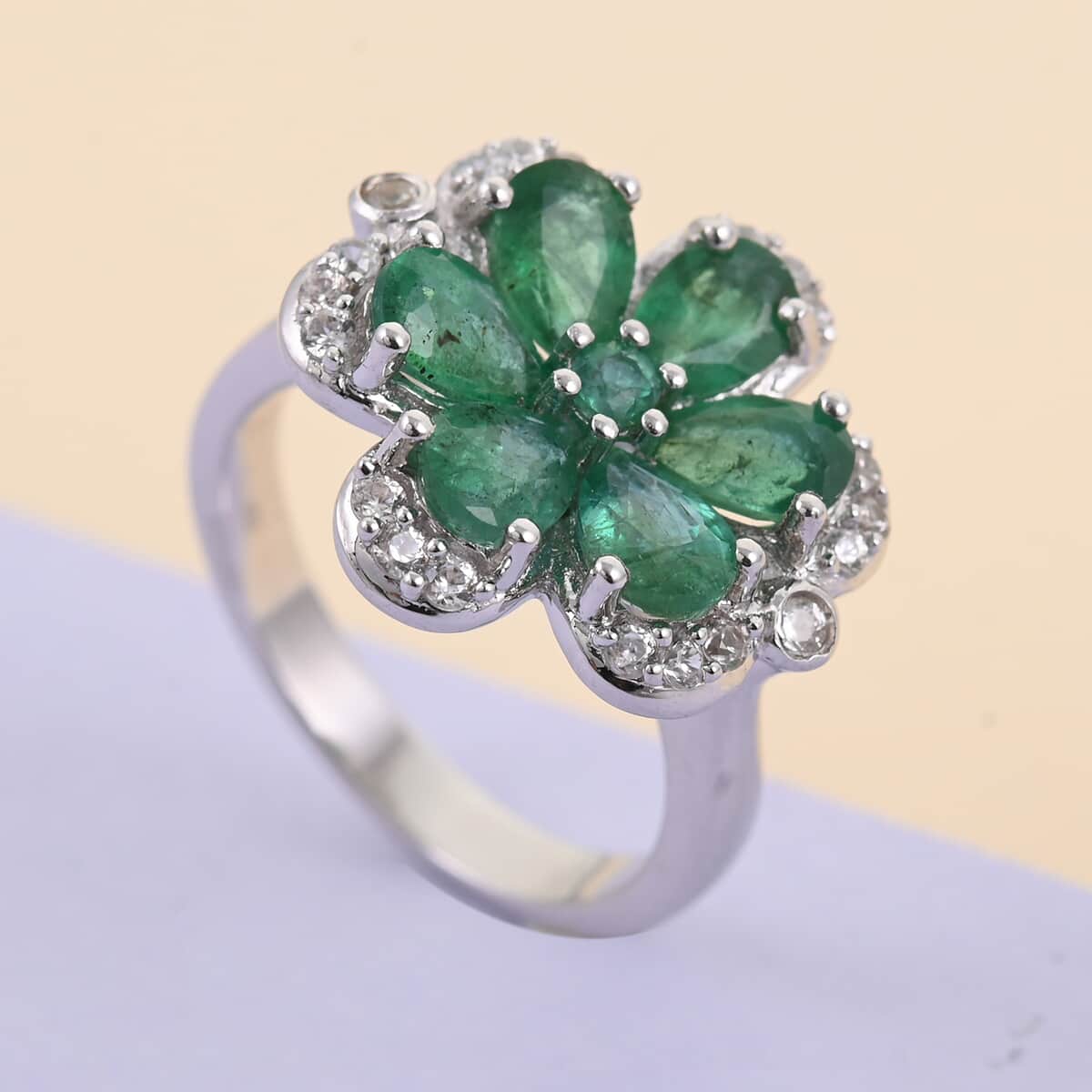 AAA Kagem Emerald and White Zircon Flower Ring in Rhodium Over Sterling Silver (Size 7.0) 2.60 ctw image number 1