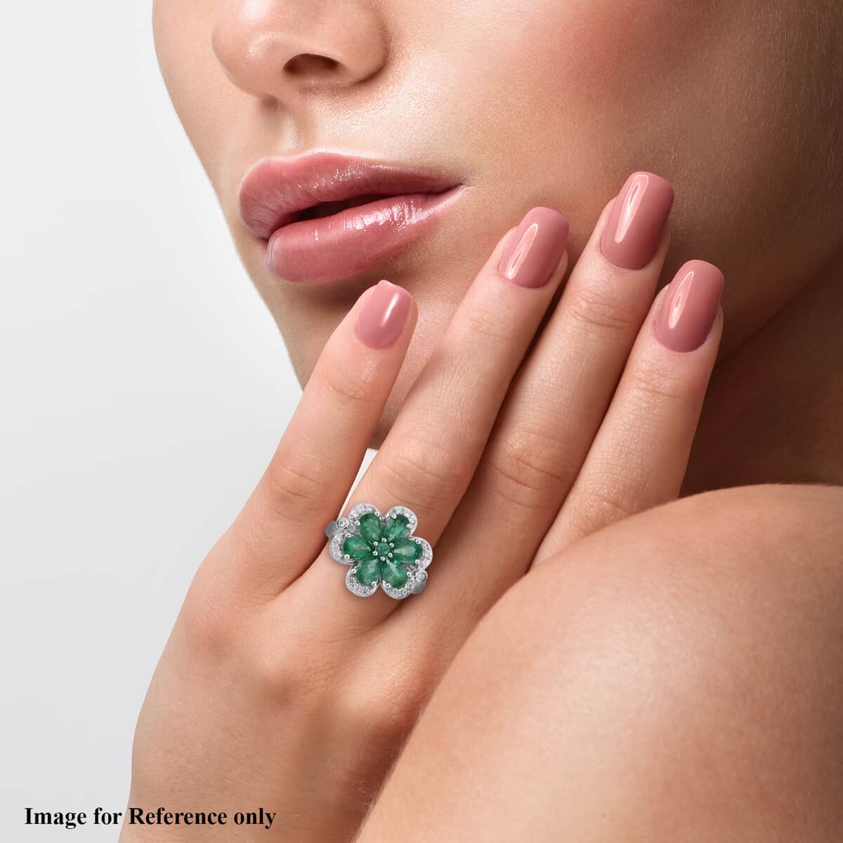 AAA Kagem Emerald and White Zircon Flower Ring in Rhodium Over Sterling Silver (Size 7.0) 2.60 ctw image number 2