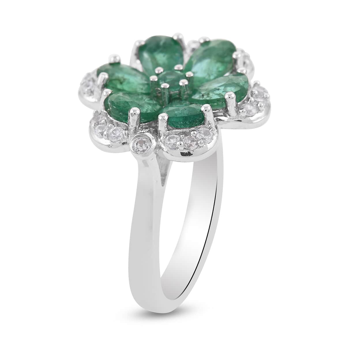 AAA Kagem Emerald and White Zircon Flower Ring in Rhodium Over Sterling Silver (Size 7.0) 2.60 ctw image number 3