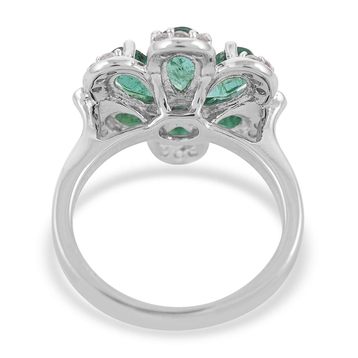 AAA Kagem Emerald and White Zircon Flower Ring in Rhodium Over Sterling Silver (Size 7.0) 2.60 ctw image number 4