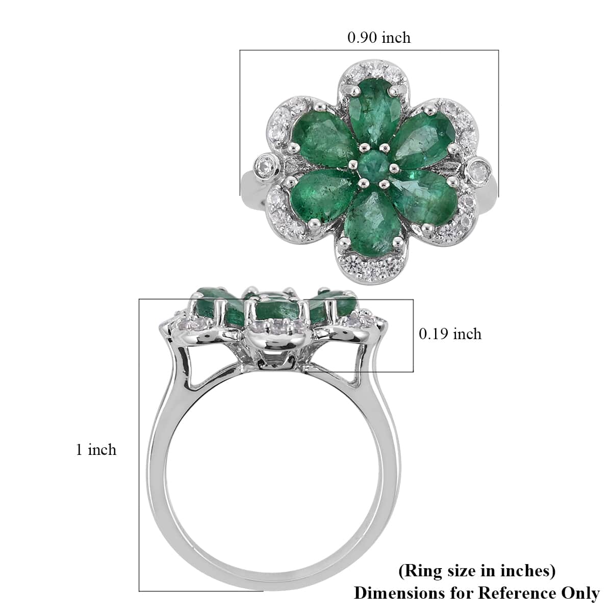 AAA Kagem Emerald and White Zircon Flower Ring in Rhodium Over Sterling Silver (Size 7.0) 2.60 ctw image number 5