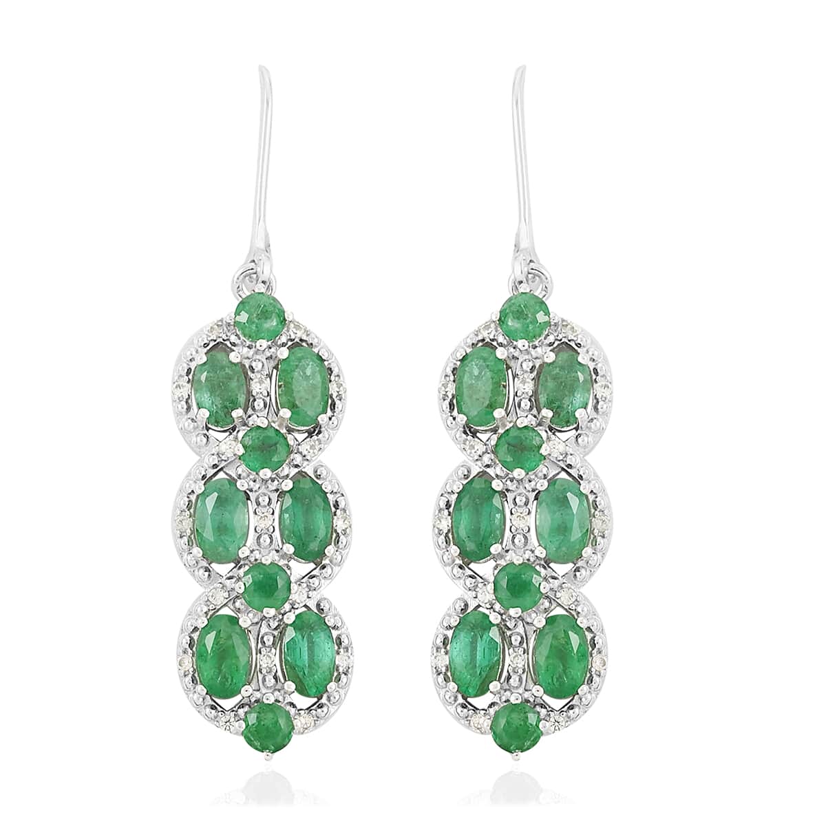 AAA Kagem Emerald and White Zircon Dangle Earrings in Rhodium Over Sterling Silver 4.10 ctw image number 0