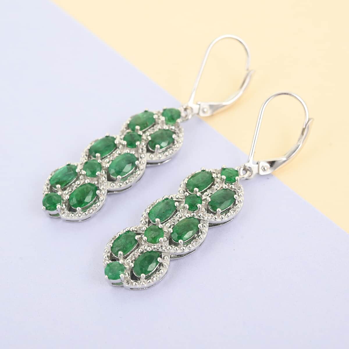 AAA Kagem Emerald and White Zircon Dangle Earrings in Rhodium Over Sterling Silver 4.10 ctw image number 1