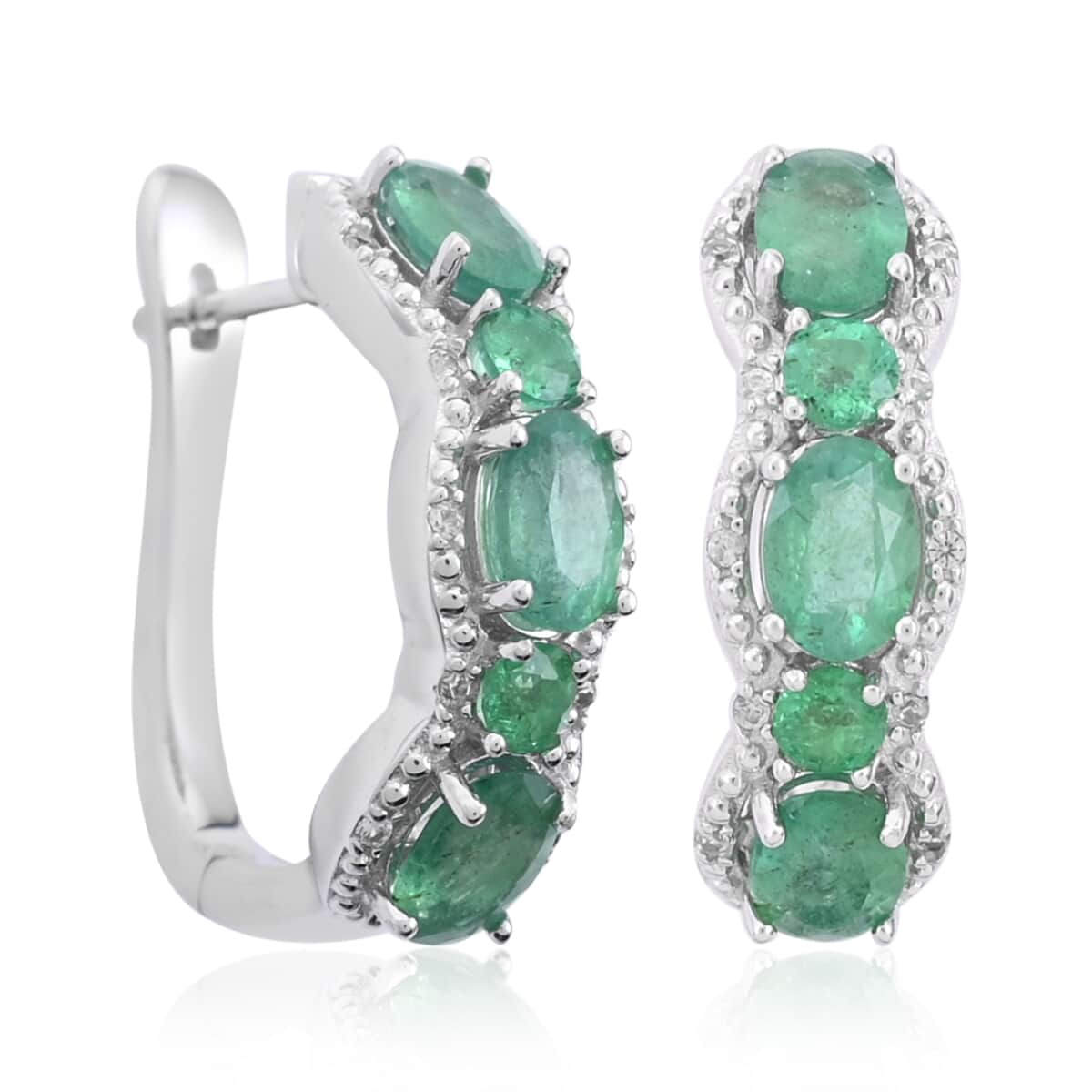 AAA Kagem Emerald and Natural White Zircon Huggie Hoop Earrings in Rhodium Over Sterling Silver 3.60 ctw image number 0