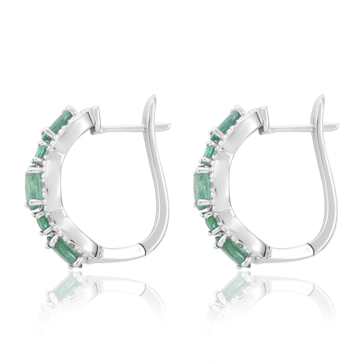 AAA Kagem Emerald and Natural White Zircon Huggie Hoop Earrings in Rhodium Over Sterling Silver 3.60 ctw image number 3