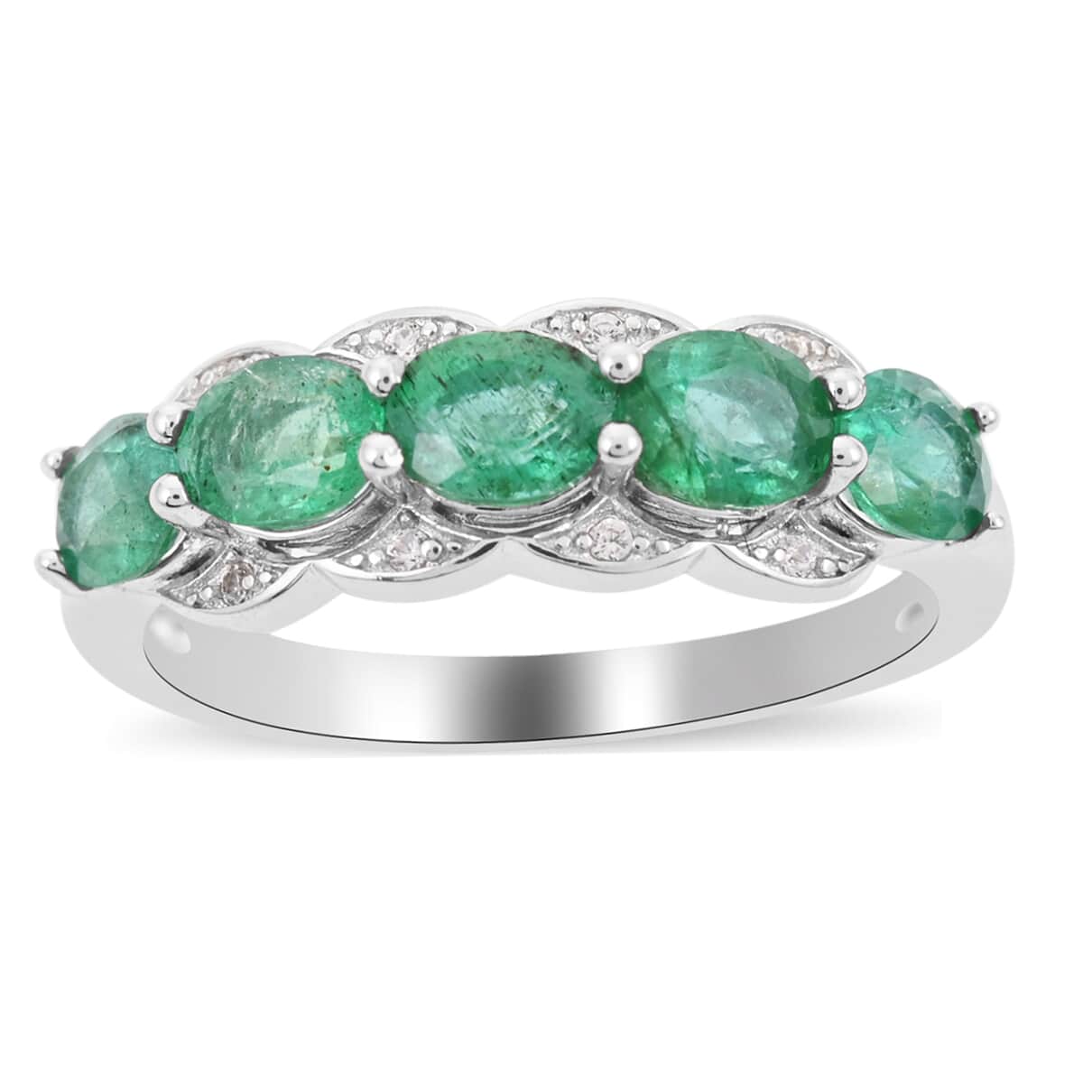 AAA Kagem Emerald and Natural White Zircon Line Ring in Rhodium Over Sterling Silver (Size 6.0) 1.75 ctw image number 0