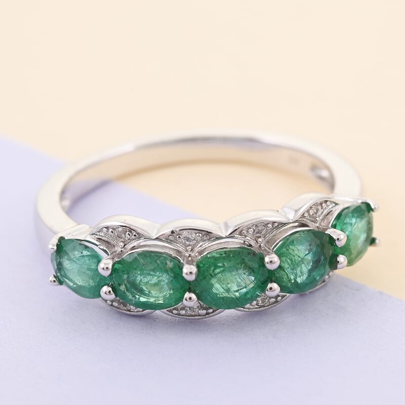 AAA Kagem Emerald and Natural White Zircon Line Ring in Rhodium Over Sterling Silver (Size 6.0) 1.75 ctw