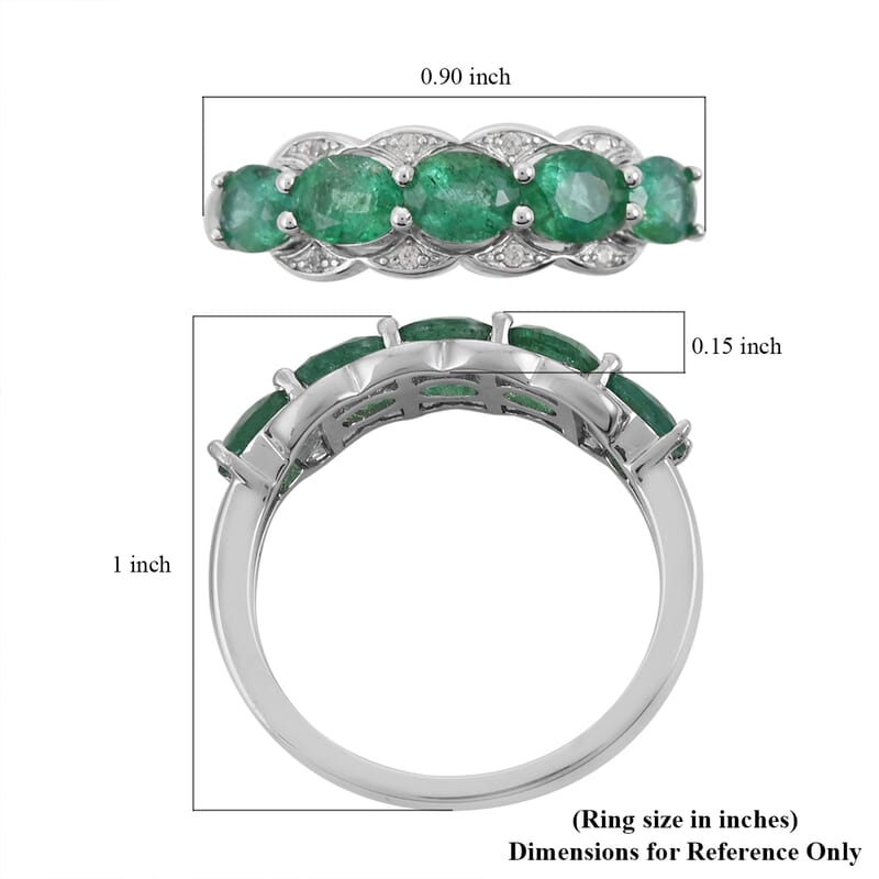 AAA Kagem Emerald and Natural White Zircon Line Ring in Rhodium Over Sterling Silver (Size 6.0) 1.75 ctw