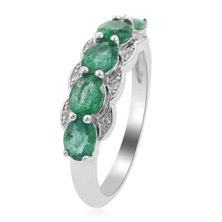 AAA Kagem Emerald and Natural White Zircon Line Ring in Rhodium Over Sterling Silver (Size 8.0) 1.75 ctw image number 3