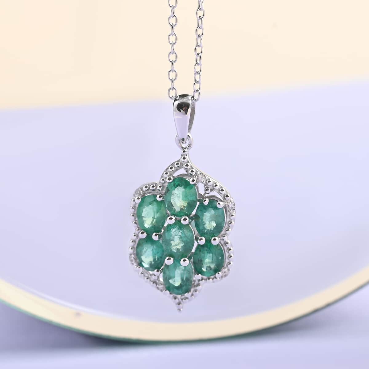 AAA Kagem Emerald and White Zircon Pendant Necklace 18 Inches in Rhodium Over Sterling Silver 2.40 ctw image number 1