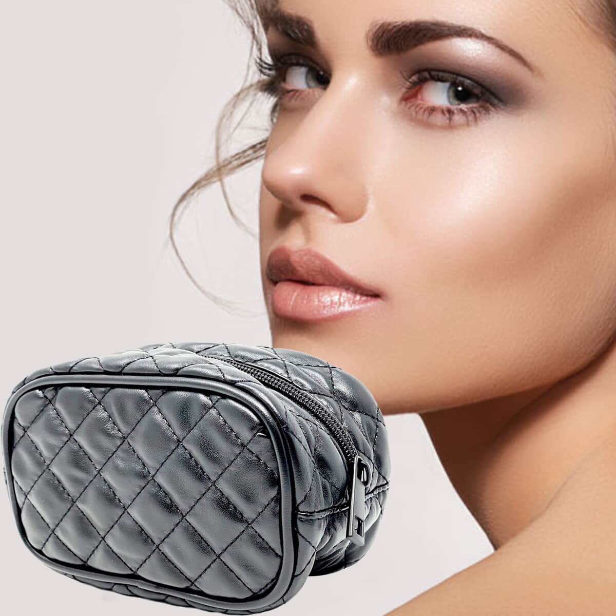 Black Quilted Pattern Vegan Leather Cosmetic Bag | Makeup Bag | Makeup Pouch | Travel Makeup Bag image number 1