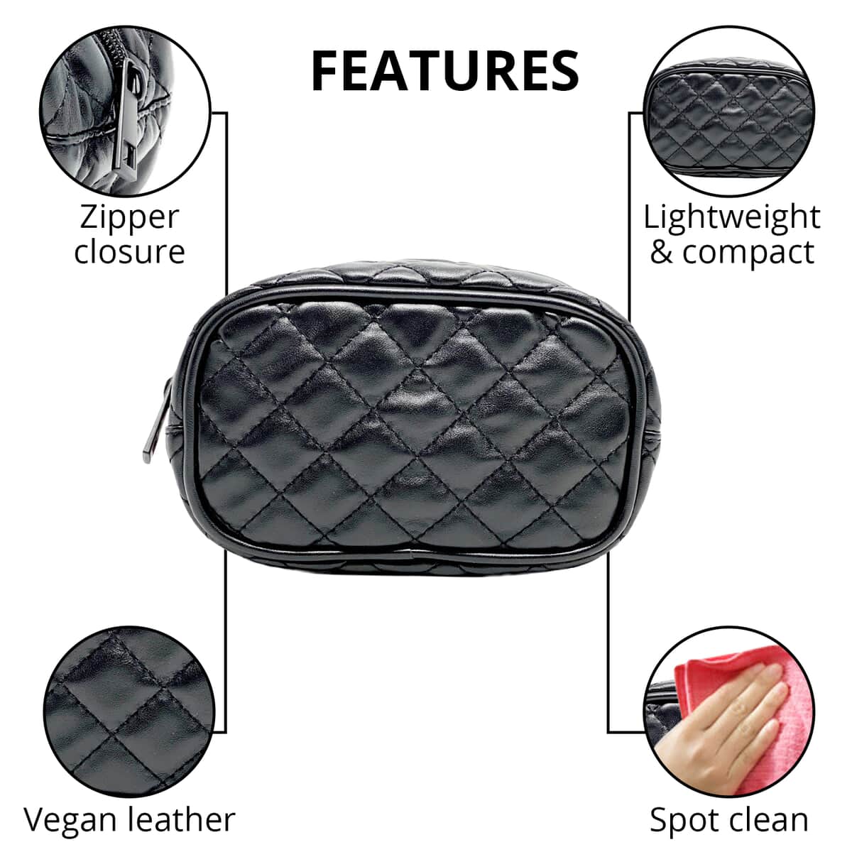 Black Quilted Pattern Vegan Leather Cosmetic Bag (6.25"x3"x4") image number 2