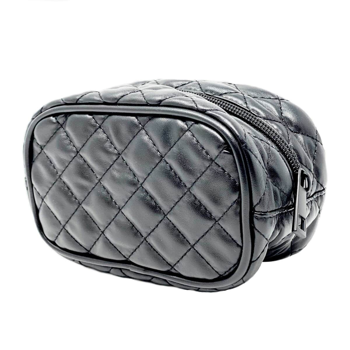 Black Quilted Pattern Vegan Leather Cosmetic Bag (6.25"x3"x4") image number 4