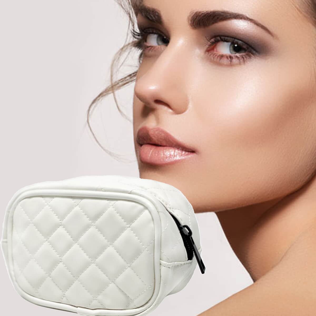White Quilted Pattern Vegan Leather Cosmetic Bag , Makeup Bag , Makeup Pouch , Travel Makeup Bag image number 1
