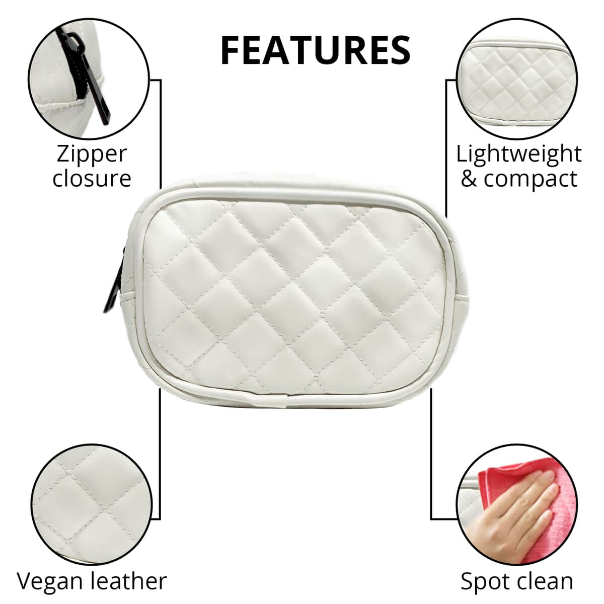 White Quilted Pattern Vegan Leather Cosmetic Bag , Makeup Bag , Makeup Pouch , Travel Makeup Bag image number 2