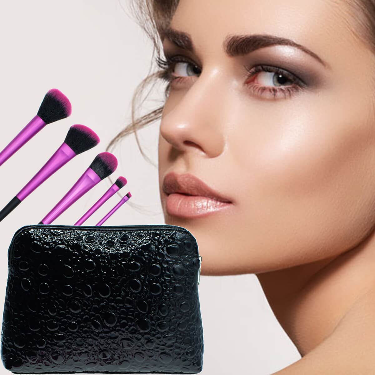 Bubble Textured Black Vegan Leather Bag with Pink Brushes | Cosmetic Bag | Makeup Bag | Makeup Pouch | Travel Makeup Bag image number 1