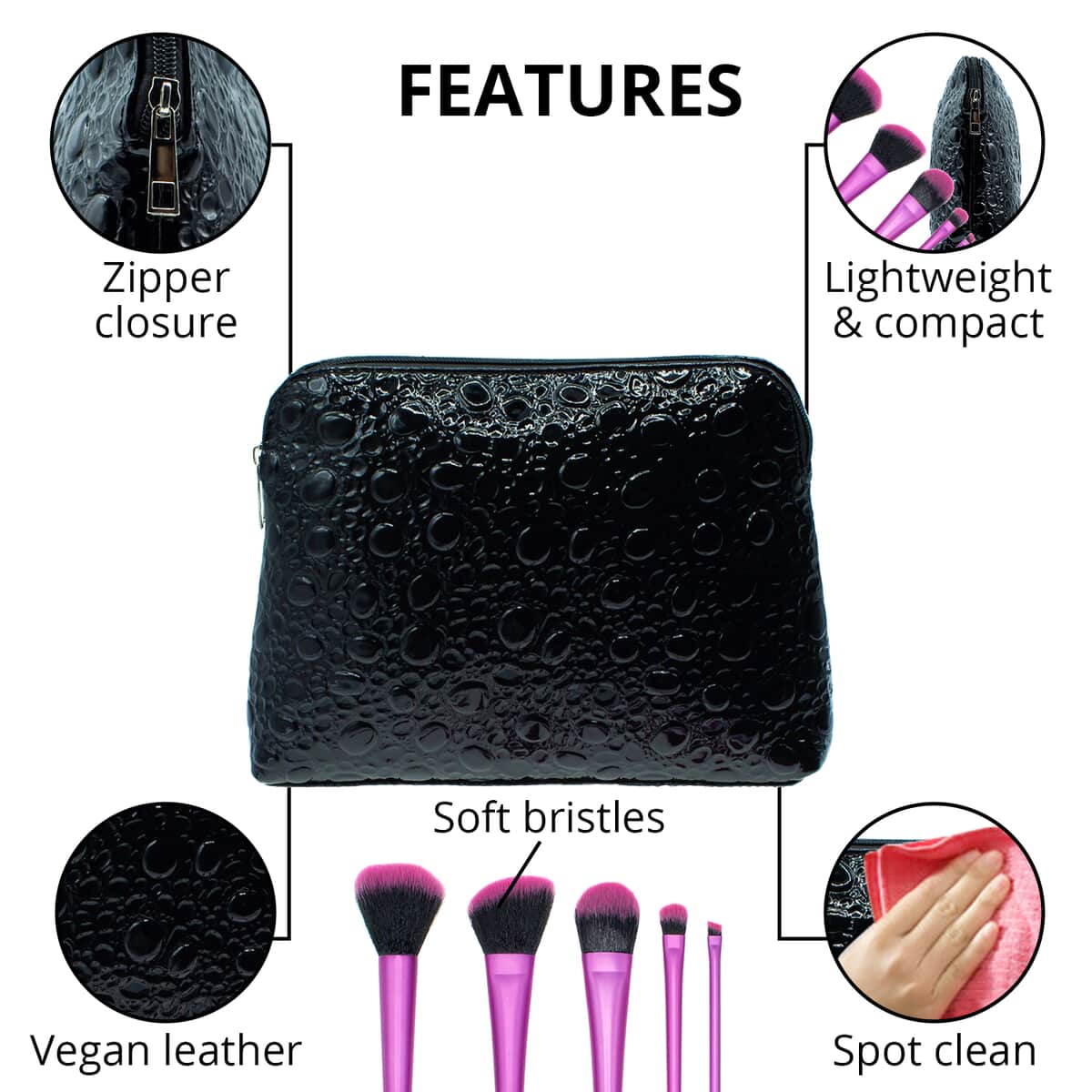 Bubble Textured Black Vegan Leather Bag with Pink Brushes | Cosmetic Bag | Makeup Bag | Makeup Pouch | Travel Makeup Bag image number 2