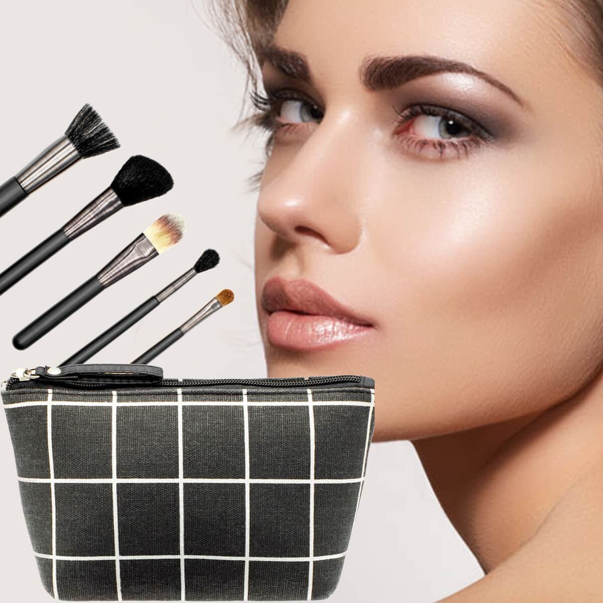 Black & White Vegan Leather Cosmetic Bag with Matte Black Makeup Brushes , Makeup Bag , Makeup Pouch , Travel Makeup Bag image number 1