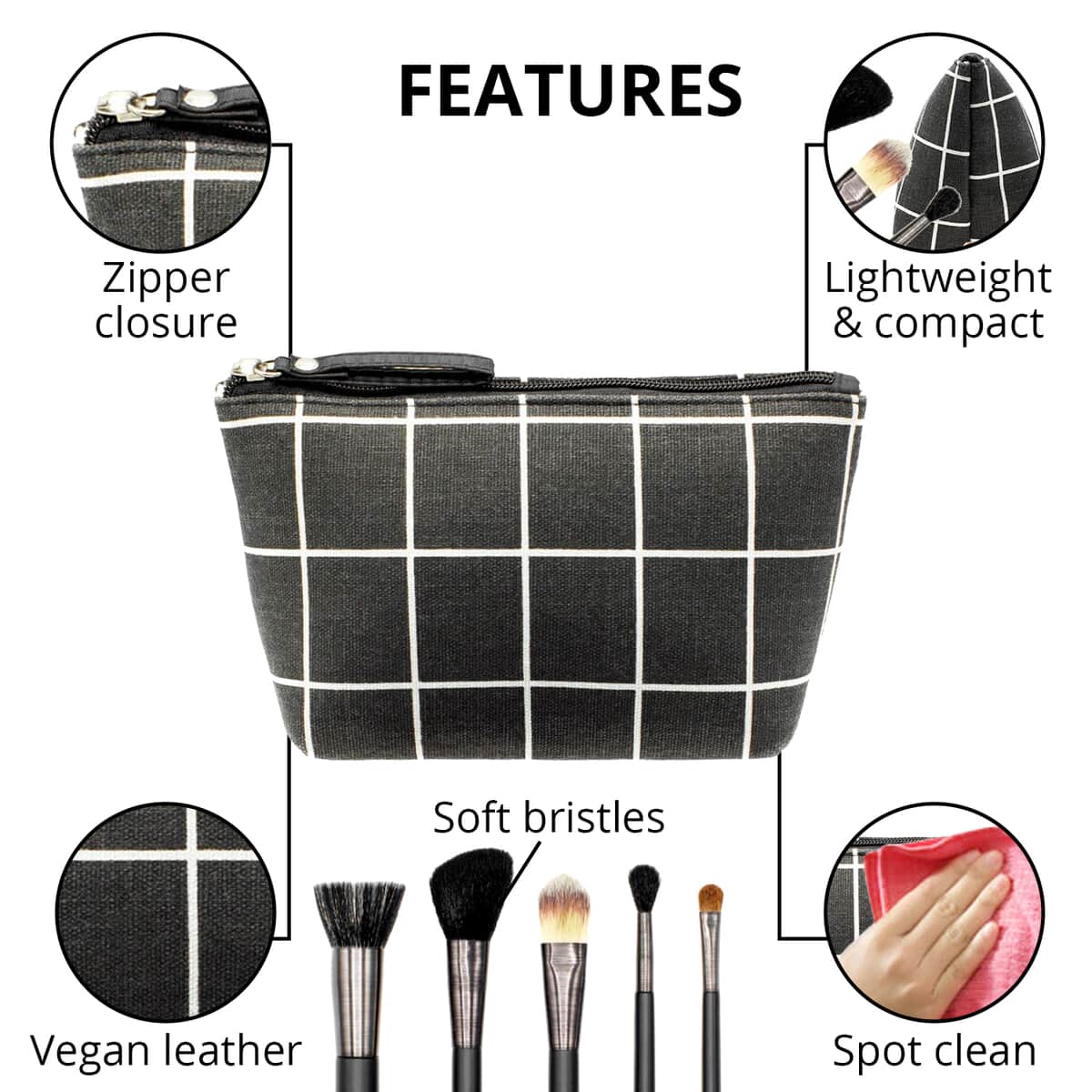 Black & White Vegan Leather Cosmetic Bag with Matte Black Makeup Brushes , Makeup Bag , Makeup Pouch , Travel Makeup Bag image number 2