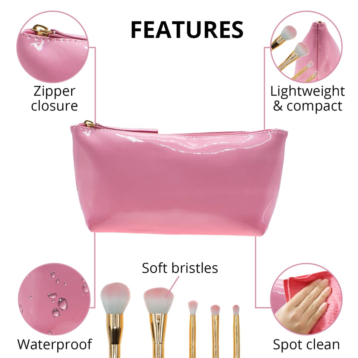 Pink Vinyl Cosmetic Bag with Gold & Pink Brushes image number 2