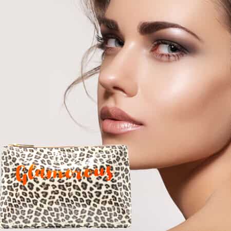 Cream and Brown Vegan Leather Leopard Glam Cosmetic Bag , Makeup Bag , Makeup Pouch , Travel Makeup Bag image number 1