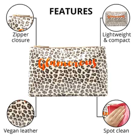 Cream and Brown Vegan Leather Leopard Glam Cosmetic Bag , Makeup Bag , Makeup Pouch , Travel Makeup Bag image number 2