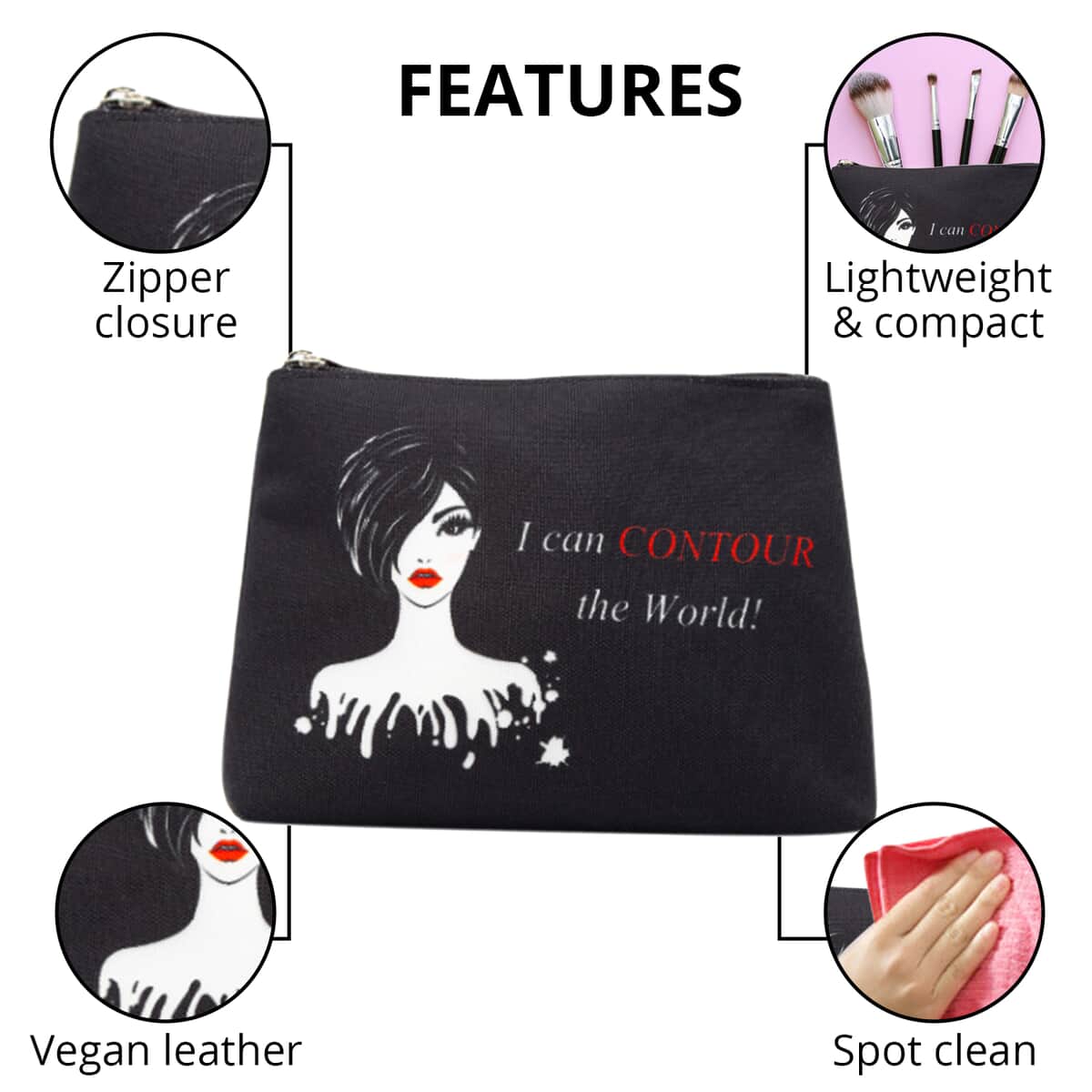Black Contour The World Cosmetic Bag , Vegan Leather Cosmetic Bag , Makeup Bag , Makeup Pouch , Travel Makeup Bag image number 2